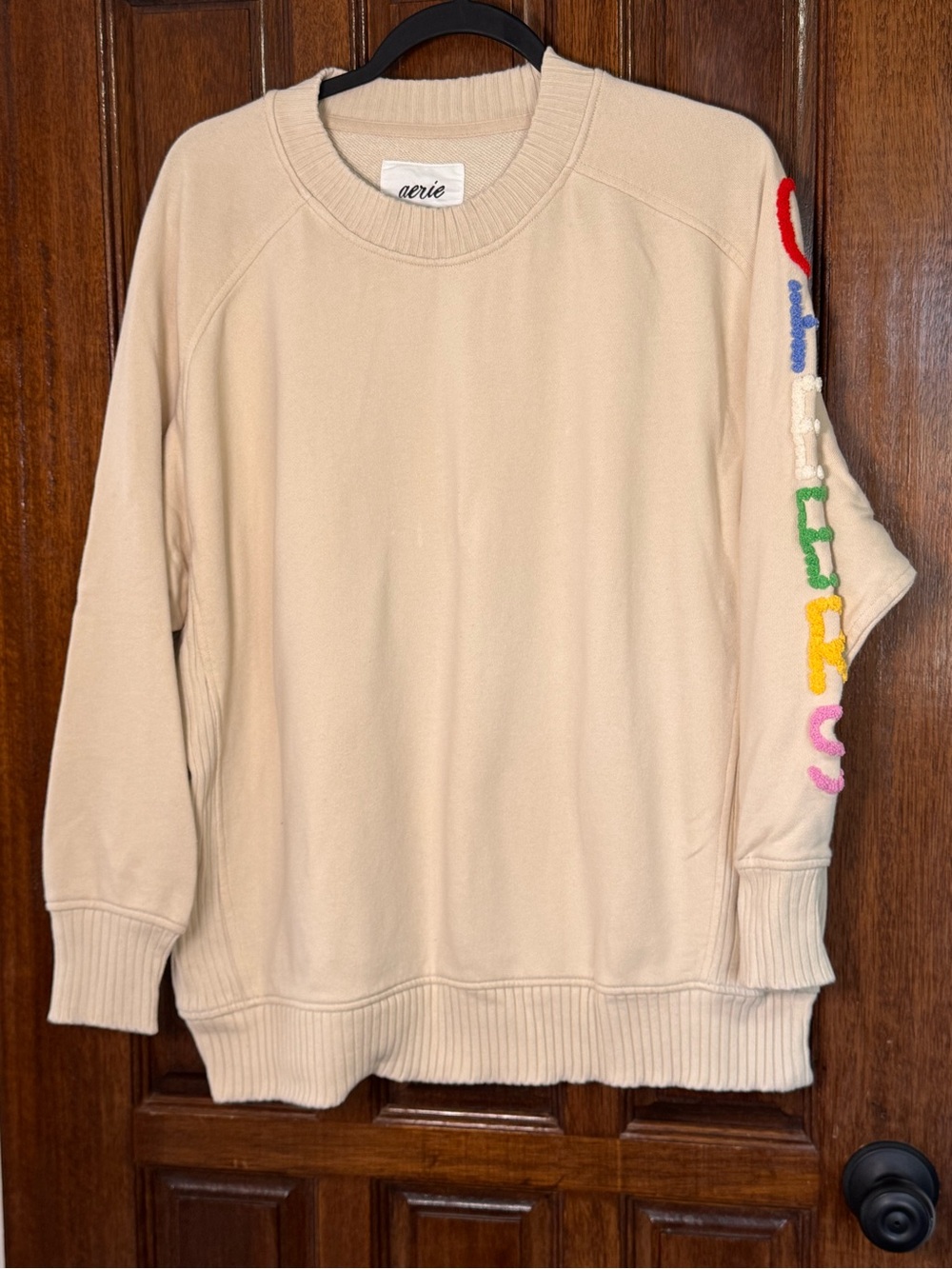 aerie Cream Crewneck Sweatshirt with Multicolor Embroidered Sleeve